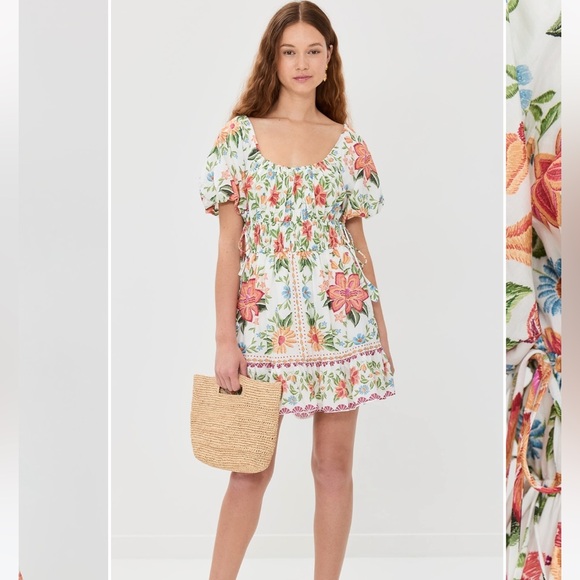 Farm Rio Off-White Bloom Garden Euroflax Premium Linen Mini Dress NWT Size XS - Picture 2 of 16